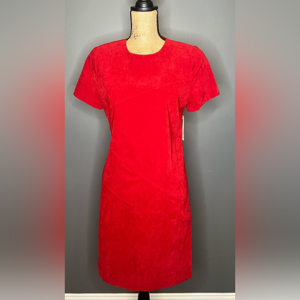 Red Worthington Dress with scarf, washable, spandex, 10 Petite